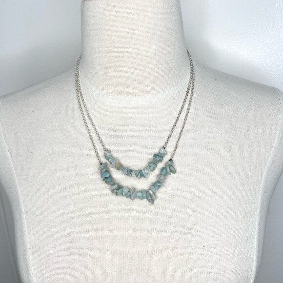 Handmade Amazonite Chip Necklace Dainty Beaded Gemstone Silver Plated Layered - Picture 6 of 6